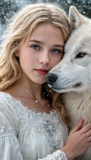 A beautiful ten-year-old girl with long blonde wavy hair wearing a white winter dress is seen hugging a beautiful white wolf, while the snowflakes in the background add to the magical atmosphere