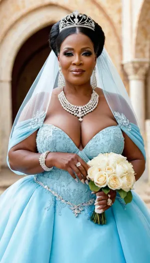 La vieille femme était une vraie diva, avec son corps parfait et un maquillage impeccable. Elle portait une photo du corps dans sa robe de mariée, avec des bijoux et des diamants. Ses cuisses épaisses étaient sur le plein affichage comme elle pose