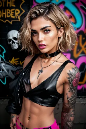 A woman with tattoos on her neck, arms, and legs is depicted in a detailed and intricate style. She has piercing blue eyes, full lips with dark pink lipstick, and a skull choker necklace. Her skin is tanned and she