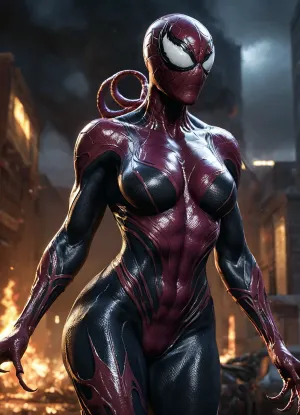L'arte iperrealistica raffigura un simbioto di veleno femminile con un enorme seno grande e un render 8 k. La foto è iperrealistica, raffigurante la texture fine del personaggio e dettagli realistici che lo fanno sembrare una foto reale. E'..
