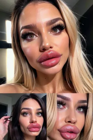 El paciente de cirugía ultraplásica tenía la textura de piel de la más alta calidad y reflejaba la luz en su imagen, mientras que los rellenos de Lip rusos le daban a sus labios un aspecto de púrpura