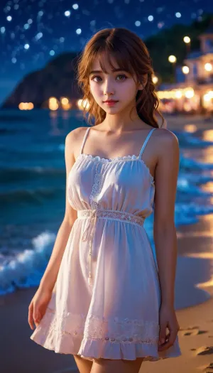 रात में समुद्र तट पर sundress में लड़की, उसकी उज्ज्वल आंखों और बोके के साथ, एक अत्यधिक विस्तृत और जीवंत दृश्य है जो दर्शक का ध्यान आकर्षित करता है