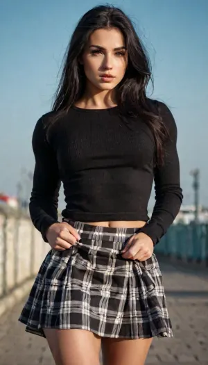 La chica rusa con una fuerte construcción atlética, panza muscular, falda corta de tren, y grandes pestañas exuberantes fue un modelo superior con una figura fuerte que atrajo la atención de todos a su alrededor. Tenía el pelo negro largo que la cavó por la espalda