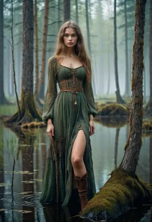 若いロシアの魔女は、霧の幻想的なスワッピング、風に揺れる彼女のタッタードドレスをスタンブルしました。 膝と細い腰は、妖精の物語から繊細な生き物のように見えました。 フレアの外観にもかかわらず、