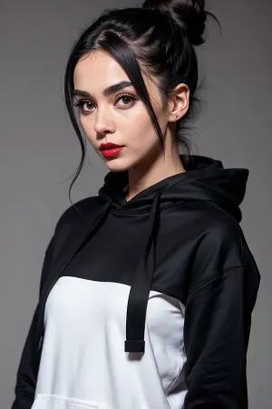 A 26-year-old woman with black eyes, a hairstyle in a bun on medium dark hair, white code, red lips, small nose, thin face and medium build. She is wearing a careless bun on her head and is