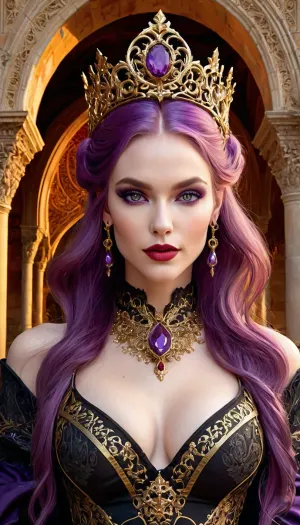 The regal vampire queen with pale skin and striking purple eyes, set against an ornate architectural background with arches, 34g breast, and otherworldly features