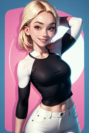 Ben 10 was walking down the street when he saw a girl wearing a white pants and a blue shirt. She had round, white-lined eyes and a smile on her face. Ben couldn't help but take out his phone to take a picture of