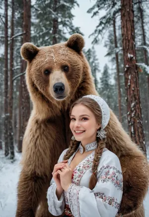 照片中的俄罗斯女孩穿着传统的kokoshnik,并握着一枝松树枝,而熊在雪幕中旋转时对她微笑. 俄罗斯的美丽被这张照片抓住了