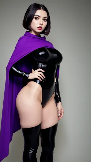 Raven, der athletische Körper mit perky Brüste, breite Hüften und mittellange schwarze Lippenstift auf ihren Lippen war bereit für ihr Fotoshooting. Sie trug einen engen Anzug, der ihre Kurven umarmte und ihre muskulären Arme zeigte. Ihr Cape flog hinter