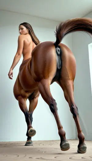 Una donna in costume da centauro marrone si trovava dietro la telecamera, tenendo una piccola telecamera in mano. Ha scattato una foto di se stessa e del cavallo, che era in piedi sulle zampe posteriori con i suoi zoccoli anteriori su. Il cavallo aveva corto marrone