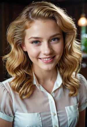 A young woman with long blonde hair, wearing a blouse and skirt, is shown in an AI generated picture. She appears to be smiling at the camera, her eyes twinkling with excitement