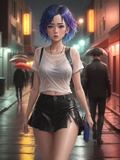 A menina na foto está andando por um beco, seu corpo brilhando com suor da chuva. Ela tem uma roupa noturna neon-lit e tem um corte de cabelo de arco-íris brilhante. Sua pele está brilhando e ela tem uma ampulheta