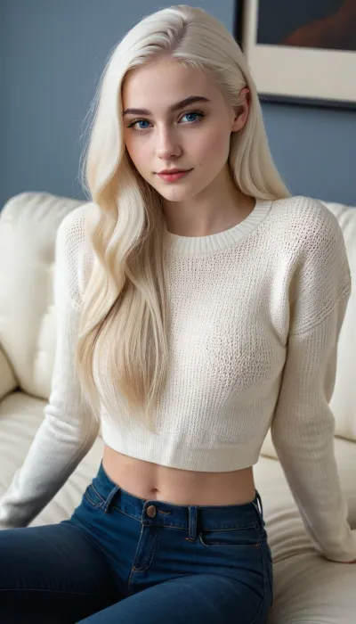 Una splendida donna americana di 19 anni siede su un divano bianco, indossando un maglione bianco e jeans neri. I suoi capelli dritti sono lunghi e ondulati, con vita sottile, texture della pelle incredibilmente dettagliata, capolavoro immagine completa vista corpo con la massima qualità