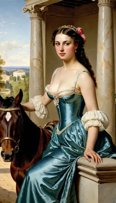 Horsewoman" von Karl Pavlovich Bryullov, 1832 gemalt, zeigt ein charmantes Mädchen auf einem Pferd auf der offenen Terrasse einer reichen italienischen Villa. Amatsilia, ihre Schwester, sieht sie mit