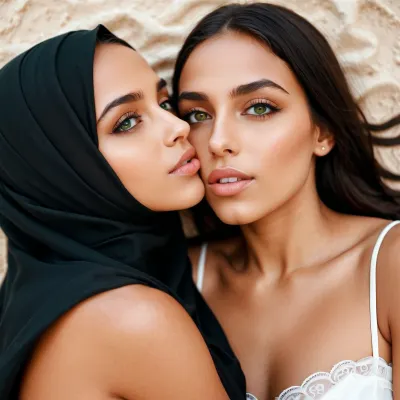 Zwei junge Frauen, die eine schwarze Hijab tragen und die andere in einem grünen Kleid, küssen sich leidenschaftlich. Ihre Gesichter sind symmetrisch und ihre Augen öffnen intensive Liebe und Zuneigung. Der Hintergrund ist ein schönes Bild von zwei jungen