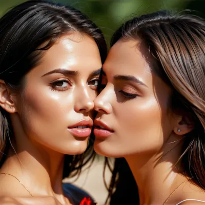 Two stunningly attractive women passionately kiss each other, their bodies perfectly aligned and their skin soft and smooth. The lighting in the room is perfect, with a cinematic quality that captures every detail of their kiss. This photo was taken using the Nik