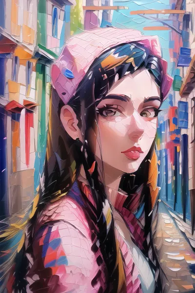 アーティストは、若いフランスの女性の活気に満ちたカラフルな肖像画を作成するために厚いインパスト技術を使用しました。 絵画は、被写体の美しさと個性を捉え、彼女の太い髪が彼女の顔と明るい目の輝きを放ちます