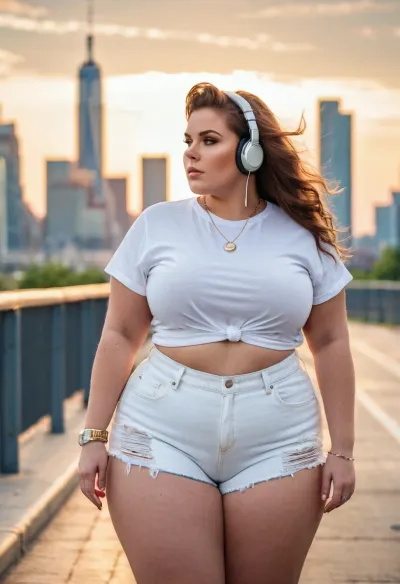 Bir hiper yağ bbw ortaget modeli hiper kalın kalçalar ve hiper büyük yağ yuvarlak ass, beyaz bir ek ve mini denim kısaları giymek, büyük kulak ve büyük kolye ile sokakta yürüyor. Büyük bir kulaklıka sahip