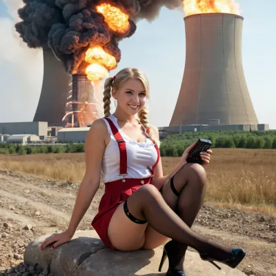 A young girl with big tits and a shaved pussy was sitting on top of a hill, watching the schoolgirl uniformed blonde pigtails push a red button on a remote control. Suddenly, the nuclear power plant exploded in the background, sending