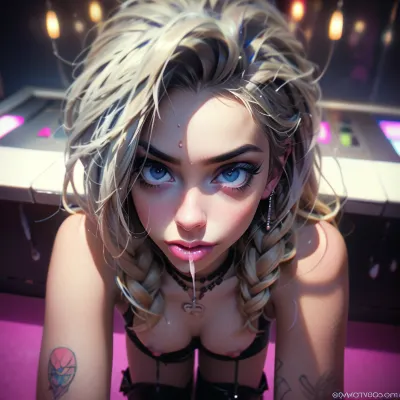 A Russian model with a perfect face and symmetrical body poses for a photo shoot, wearing a pink stockings, high heels, and an oiled body. The photographer captures her in different poses, including one where she is lying on the bar with