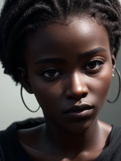 La foto generata dall'IA di una giovane donna africana con pelle liscia, occhi grandi e occhi profondi è fotorealistico 8k. È al centro dello schermo e ha un alto livello di dettaglio. E' nel centro dello schermo