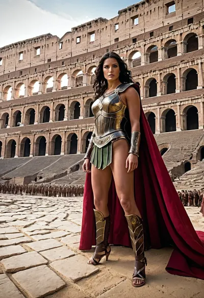 Livia, a striking 30-year-old European girl full body portrait with maximum text.Text: Livia, the Ferocious Rose, stood poised for combat in the arena's colosseum. Her armor was a blend of polished steel