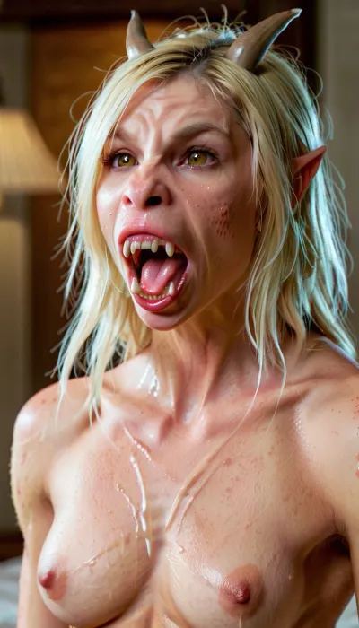 Sarah, a blonde schoolgirl, was infected by a parasite that turned her into a veiny muscular, skinny girl with glowing green eyes and sharp teeth. Her body was covered in sweat as she writhed on the ground, her mind consumed by the