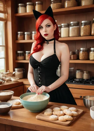 A mãe e a filha estão a cozer biscoitos juntos numa cozinha acolhedora. A mãe está vestindo uma camisola vermelha de orelha de raposa que acentua suas curvas, enquanto a filha usa um avental sobre suas roupas. Eles estão misturando ingredientes em uma tigela grande,