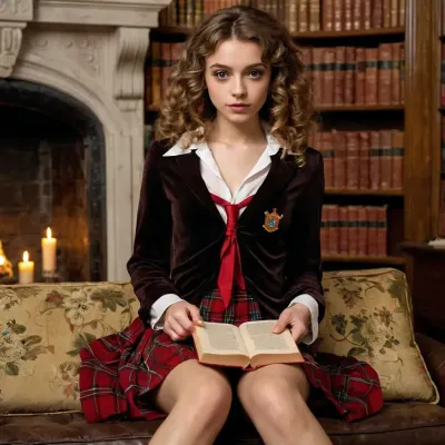 赫敏·格兰杰(Hermione Granger),一位有着长卷曲杂乱的头发和大棕色宽敞眼睛的美丽女性,在附近穿着一本古董书. 她没穿内裤 她迷你性感的Lolita上衣暴露了她的内裤