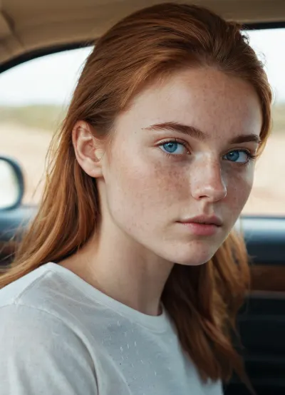 La joven del coche se perdió en el pensamiento, sus ojos se centraron en el paisaje que pasaba. Tenía una belleza natural que se realzó por sus llamativos ojos azules y el cabello auburn se devolvió a un cola de caballo bajo. Su expresión era neutral, pero