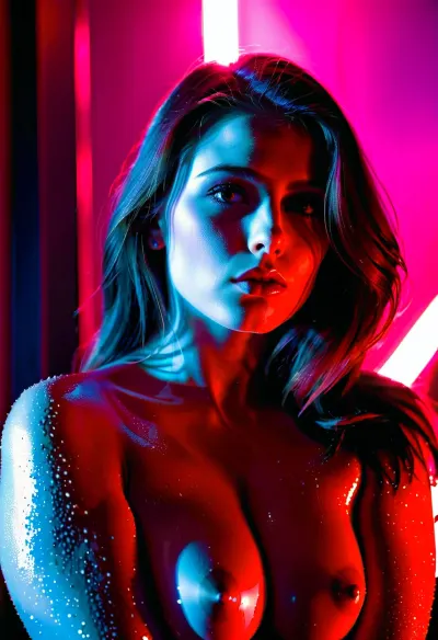 Uzun saçlarla seksi kız ve bir sedüktif gülümseme aynanın önünde duygusal olarak ortaya çıktı, onun yansımasını hayran bıraktı. Yeni bir moda kampanyası için işe alınan profesyonel bir modeldi. Fotoğrafçı ona hiçbir şey giymesini istedi