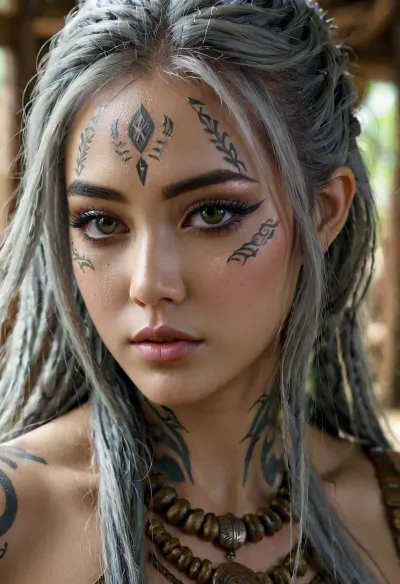 La mujer con los ojos perfectos y el cuerpo completo llevaba un pelo gris, construcción, luz solar natural pueblo tribal amazónico. Tenía un fantástico diseño de traje que la hacía parecer un guerrero de otro mundo. Estaba sola en el interior del