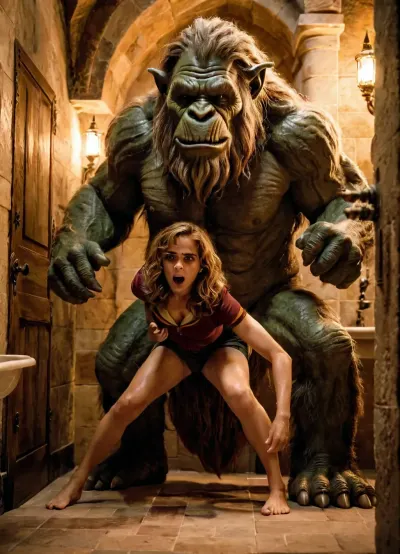 Hermione Granger, a small and cute Hogwarts student, was getting fucked by a large monster troll in the bathroom. The monster troll was using his big cock to fuck her tight pussy and she loved every second of it