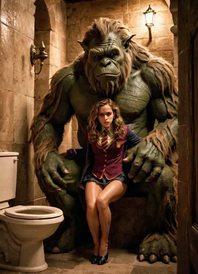 Hermione Granger, uma pequena Hermione, estava andando pela casa de banho Hogwarts quando ouviu um barulho estranho. Ela virou-se e viu um grande troll com um pau carnudo em pé na frente dela. Sem hesitação, o troll agarrou