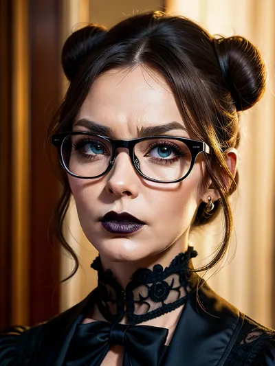 La maîtresse victorienne, avec ses yeux parfaits et son regard intense, semblait désapprouver la caméra. Elle portait des lunettes et avait une attitude supérieure. Ses lèvres étaient parfaitement façonnées et son maquillage était impeccable. Elle a regardé la caméra avec