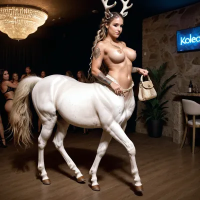 A photorealistic AI generated a centaur woman with big breasts and soft fur, wearing a lacy evening gown. She was dancing at a lesbian ladies-only nightclub, carrying a purse and wearing full body view