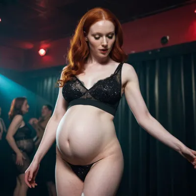 A beautiful redhead with a large black penis was 9 months pregnant in a dance club, teasing the audience with her sensual moves. She couldn't resist the temptation and danced seductively, mesmerizing the audience with her beauty and lust