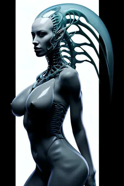 一个具有完美的人性特征的女性和一个有人脸的Xenomorph皇后站在她的细胞前,在她探索其中的每一寸时,感觉手指下的光滑皮肤. 她的身体被涂了油 光滑 胸部和臀部完美