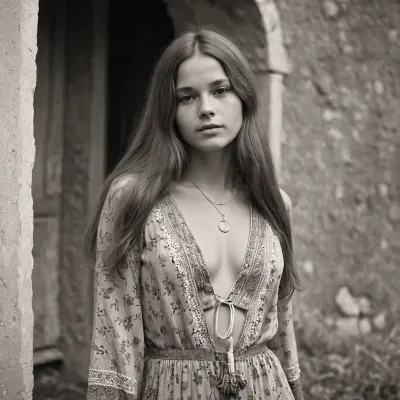 The hippy woman from the 1970s was a full-body picture with medium breast and monochrome photo. She had long hair that was cut short in the back, and her face was cute with big eyes and a wide smile