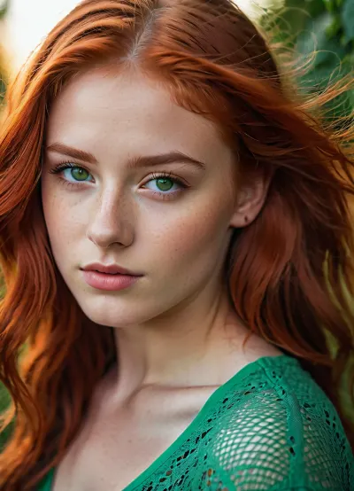 Un joven fotógrafo profesional utilizó una cámara Fujifilm XT3 para capturar el impresionante retrato de la niña de 18 años con pelo rojo y ojos verdes. Usó un fondo simple para mejorar la luz suave y la alta calidad de su DSLR