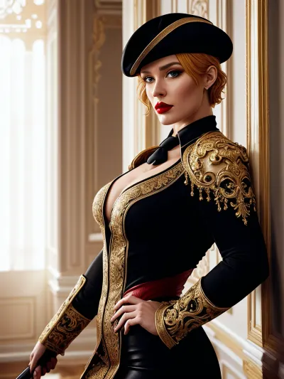 The photo is a masterpiece, capturing the perfect combination of Helmut Newton style and professional photography. The lighting is just right, creating a cinematic feel that captures the essence of the outfit and hair. The red lipstick adds an extra touch of glam