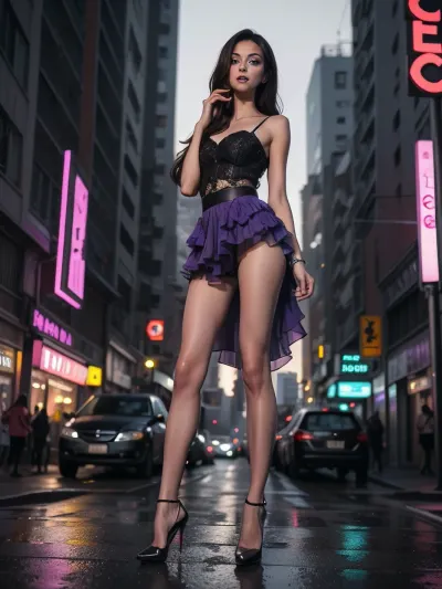 夜晚未来城市街道的尼永朋克风格被明亮的光芒照亮. 丝袜和蕾丝丝袜的晶体清晰的焦点 透过她的细腻衣服可见, 有一双高跟鞋加进她身上