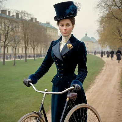 イヴァン・クラムスコイの絵画「未知の女性」は、彼の「フランシス」の自転車を乗り越える未知の都市公園でペニーファースバイクに乗る若い女性を描きました