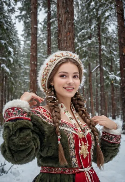 В самом сердце русского леса красивая девушка танцевала на своем ультрареалистичном фото с мастерской улыбкой. Ее наряд был сделан из лучших материалов и отличался сложными деталями, такими как кокошник, сосна ели и снег