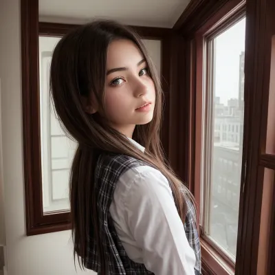 Un'immagine 8k ad alta definizione di una ragazza nella sua camera da letto con 4 finestre, che mostra il lato della casa e una ragazza nella sua stanza