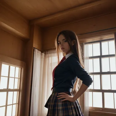 In uno splendido colpo cinematografico, la ragazza nella finestra era un perfetto 8k AI generato ultra alto dettaglio e definizione filmato della sua camera da letto. Indossava un'uniforme di scuola e aveva un lato della casa con 4 finestre
