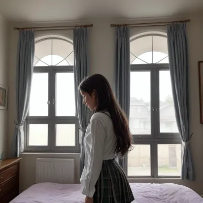 Genç, mükemmel, muhteşem, 18 yaşındaki esmer kız yatak odasında değiştirildi. Dört pencere ile evin bir tarafını gösteren bir pencere glare vardı