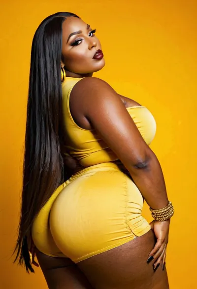 Um milf de grande porte com óculos de sol grandes e coxas grossas posa para uma imagem em shorts amarelos e camisa amarela, com óculos grandes e maquiagem diva