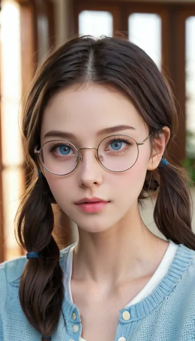The young girl in the photo was dressed in a white skin-tight bodysuit with a round thin-rimmed glasses and pigtails. She had perfect lighting, detailed face, and flat body. Her eyes were wide open, and her lips were
