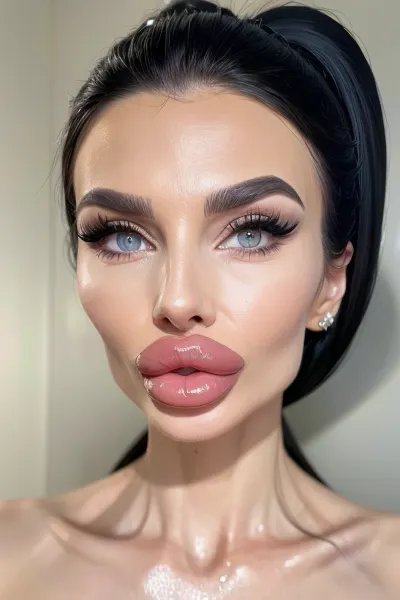 Una ragazza di 19 anni posa per un servizio fotografico con illuminazione professionale e attrezzature di alta qualità, con conseguente pelle impeccabile, un seno in silicone solido, e contorni del corpo perfettamente sagomati. I suoi occhi sono evidenziati con un eyeliner perfetto e le sue labbra sono